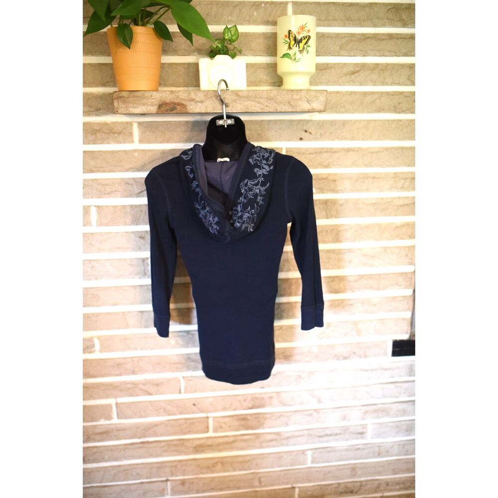 VTG Y2K Abercrombie Fitch Henley hoodie 3/4 sleeve floral embroidered bella swan - Picture 4 of 11